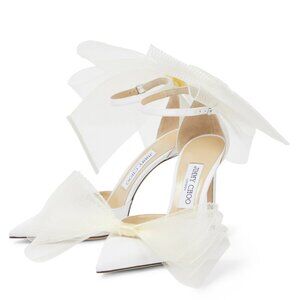Jimmy Choo Averly 100 Satin Pumps Bow Mesh Detail Ankle Strap Stiletto Heels